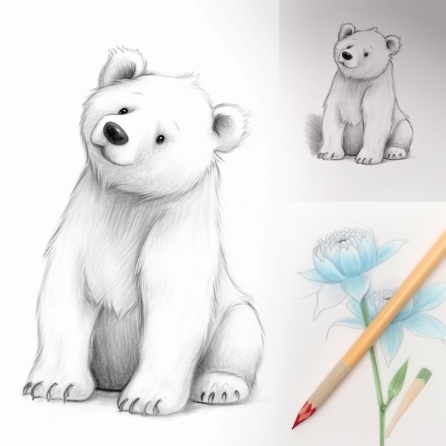 sketches of a polar bear and a flower with a pencil generative ai