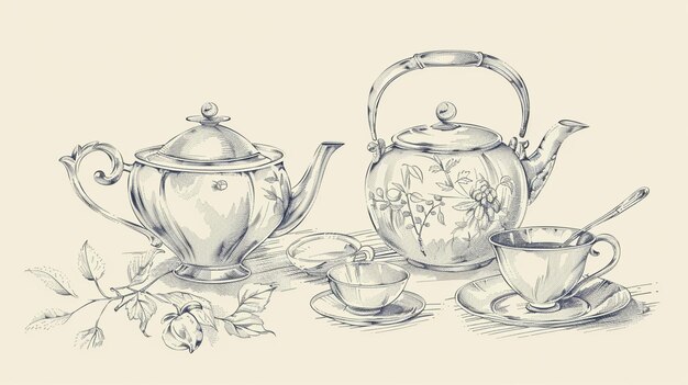 sketches of a tea set with a teapot generative ai