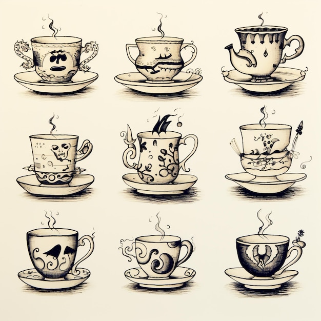 эскизы разнообразных чайных чашек и блюдец с птицей на блюдце генеративный ai