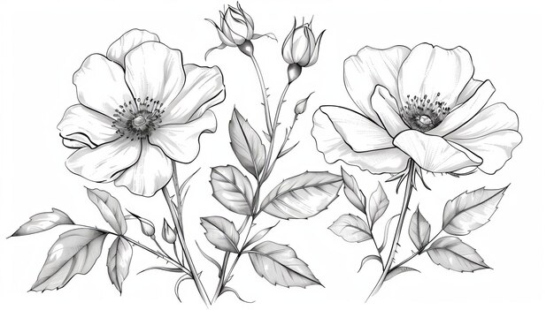 Sketches of wild roses on white backgrounds with line art