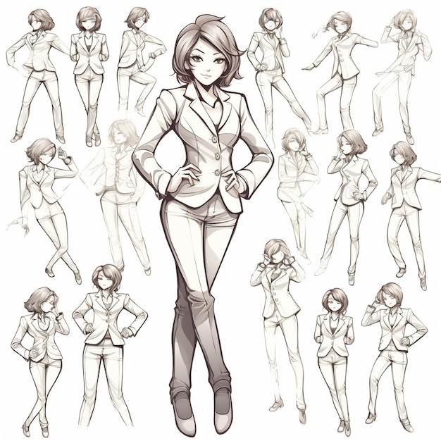 Photo sketches of a woman in a suit and a jacket posing generative ai