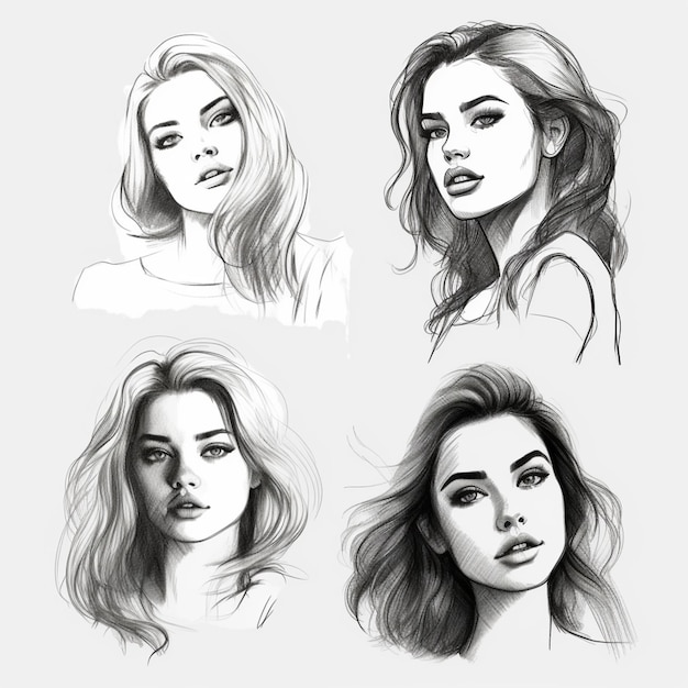 Sketches of a woman with different hair styles generative ai