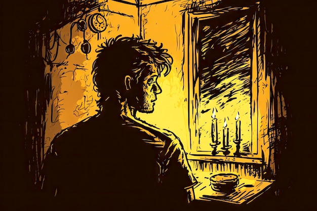 촛불 생성 ai에 의해 욕실 인테리어에 있는 남자의 스케치 어두운 실루엣