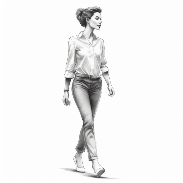 Photo sketchy girl walking in jeans detailed character design in pencil