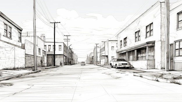 Photo sketchy line drawing of distressed urban commercial corridor
