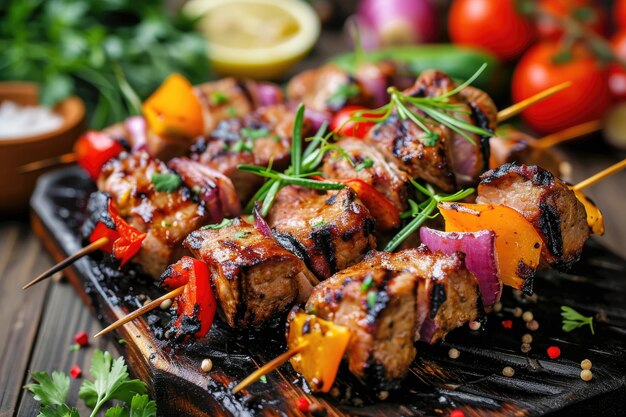 A skewer of shashlik Russianstyle grilled meat served with colorful vegetables