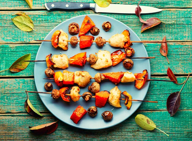 Skewer with chicken and pumpkin,top view