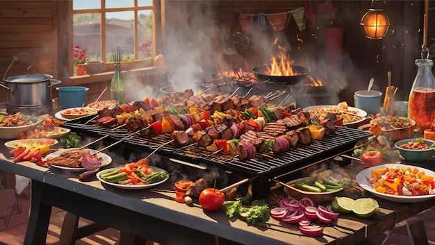 Skewered Kebabs and Vegetables Sizzling on Grill Illustration