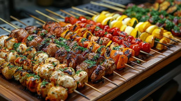 Skewered Skewers of Meat and Vegetables on a Wooden Board