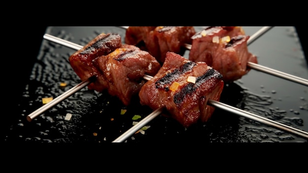 黒い背景に串に刺した焼き肉の串