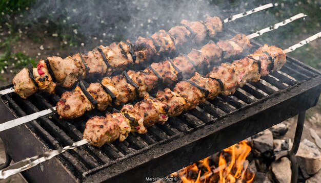 バーベキューの木炭の火でグリルで肉を焼く