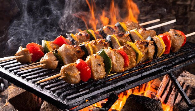 Skewers of meat and vegetables on the grill with charcoal fire of a barbecue