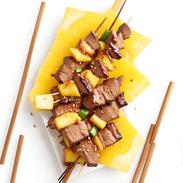 Skewers met rundvlees en aardappelen op een witte achtergrond