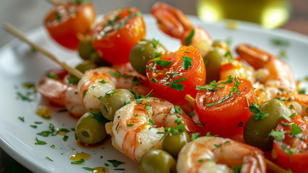 Skewers op kaas stokken kersen tomaten groene olijven op een bord