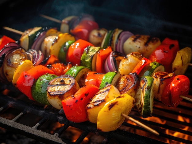 Skewers with Vegetables on a grill closeup shot