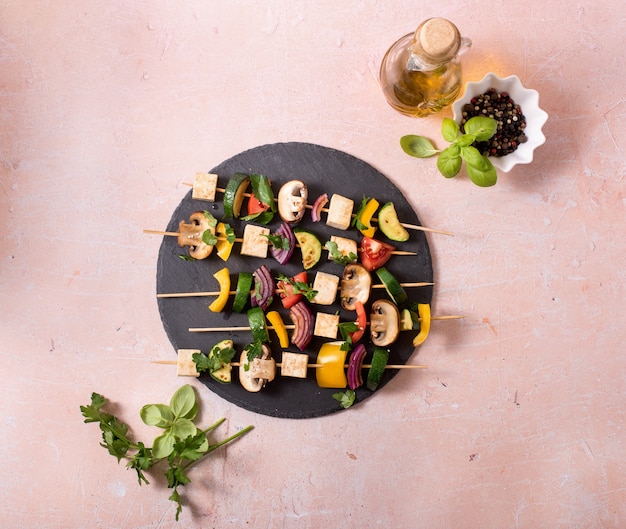 Skewers with vegetables and tofu, vegan grilling, clean eating, summer party food