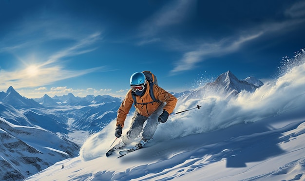 Ski-actie skiër actieve sport in winterlandschap goed skiën in de besneeuwde bergen Skiën bergafwaarts in hoge bergen kopiëren ruimte