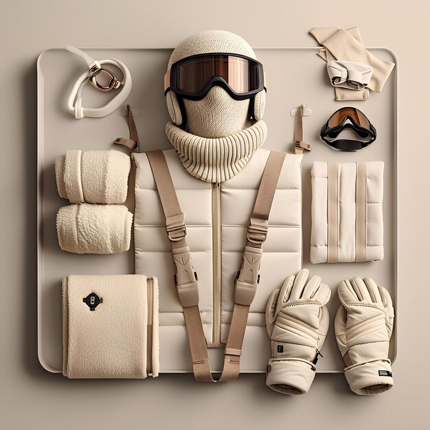 The ski gear and accessories are laid out on a tray