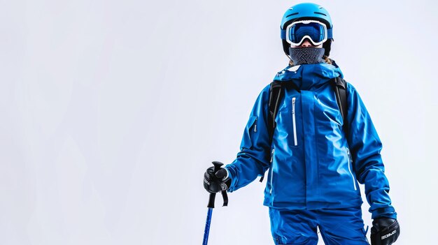 Ski Instructor in ski gear with ski poles and goggles isolated on white background