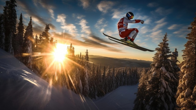 Foto salto con gli sci tra i sempreverdi