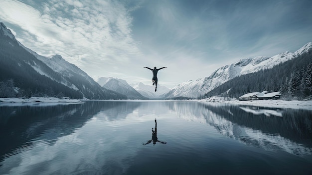 Ski-jumper vliegt op een serene bevroren meer.