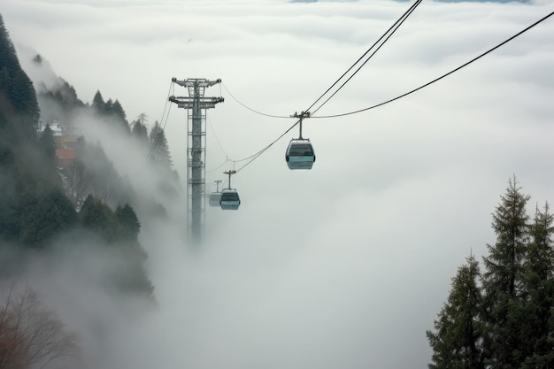 Ski lift entering a misty cloud on the mountain created with generative ai