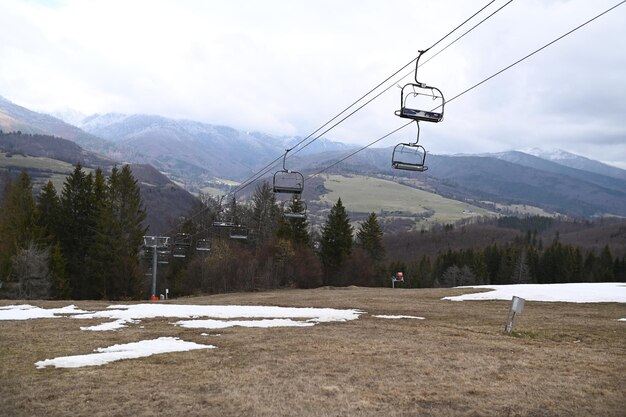 A ski lift is seen in the snow.