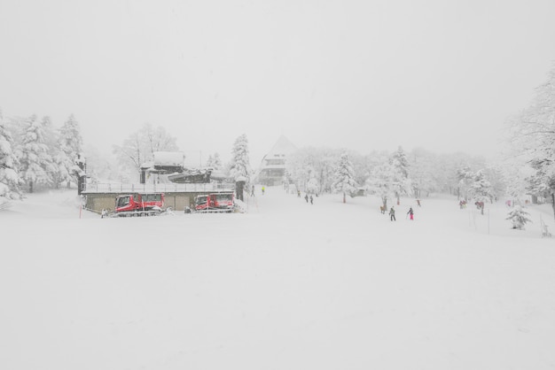 Ski lift over snow mountain in ski resort 