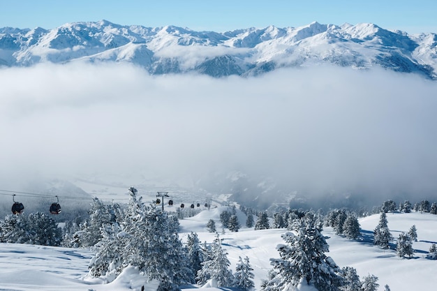 Подъемники и облака на горнолыжном курорте Zillertal Arena в Циллертале в Тироле. Майрхофен в Австрии зимой, в Альпах. Альпийские горы со снегом. Веселье на спуске. Голубое небо и белые склоны Целль-ам-Циллер