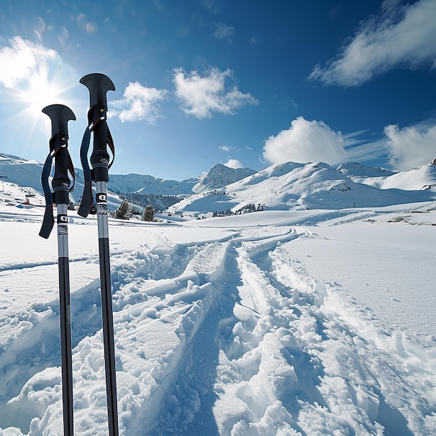 Photo ski poles stuck in the snow with the letter e on them