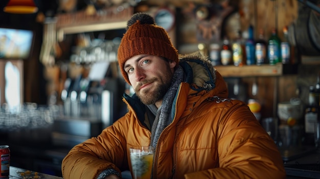 スキーリゾートのバーテンダーが山のロッジで飲み物を提供している