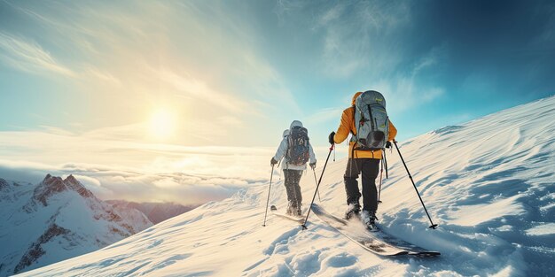 On the ski resort heated in winter Chinese people wear heavy ski equipment and ski across