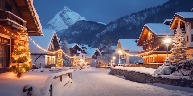 Ski resort houses decorated for Christmas in winter