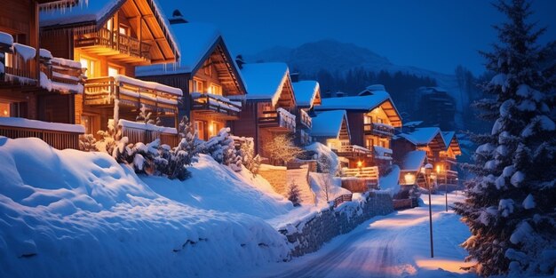 겨울 에 크리스마스 를 맞아 장식 된 스키 리조트 집 들