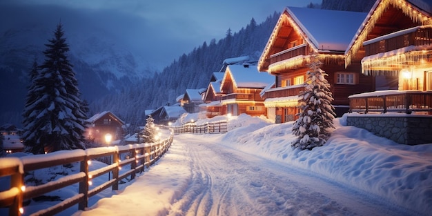 Фото Дома горнолыжного курорта украшены на рождество зимой