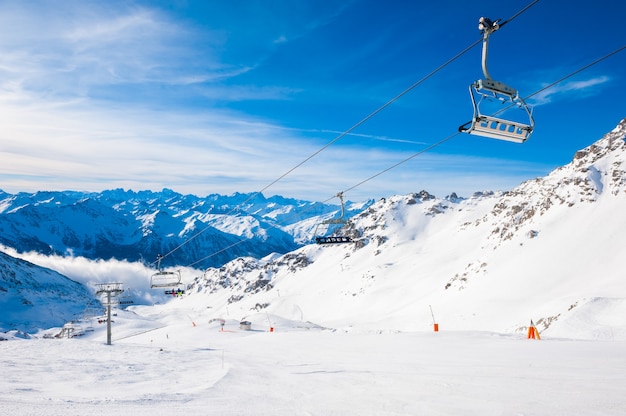 Ski resort in winter Alps. Val Thorens, 3 Valleys, France. Beautiful mountains, winter landscape