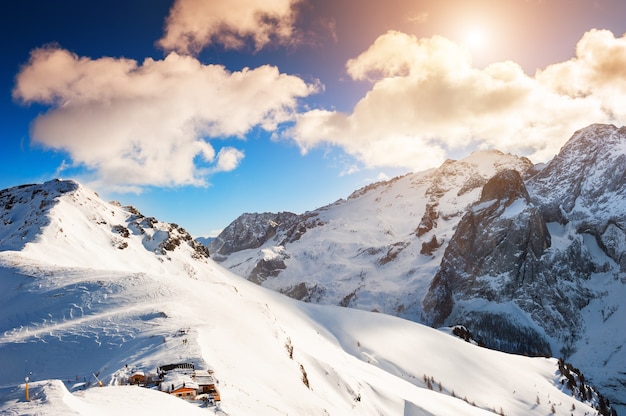 Ski resort in winter Dolomite Alps. Val Di Fassa, Italy