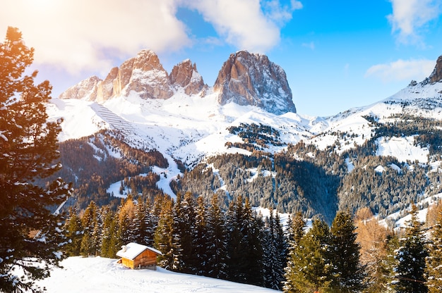 Ski resort in winter Dolomite Alps. Val Di Fassa, Italy.