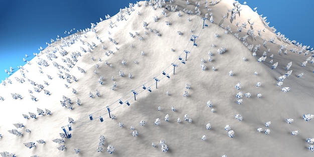 Ski resort with ski lifts and snow in winter. Copy space. 3D illustration.