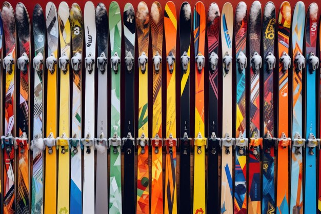 Foto ski's netjes op een muur geplaatst perfect voor wintersportliefhebbers of skihuur advertenties