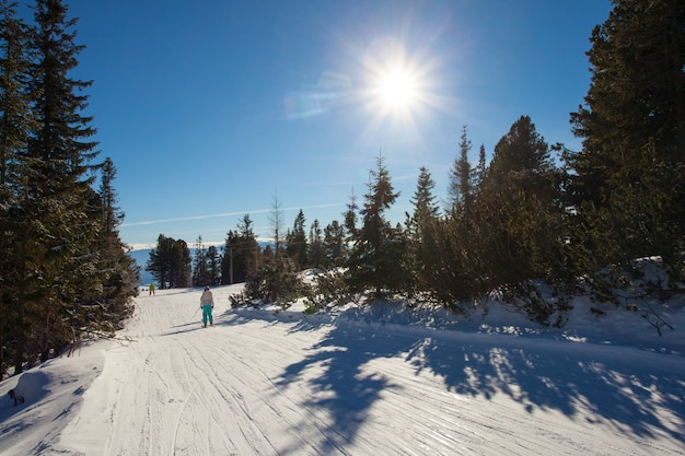 Ski slope in High Tatras mountains. Frosty sunny day