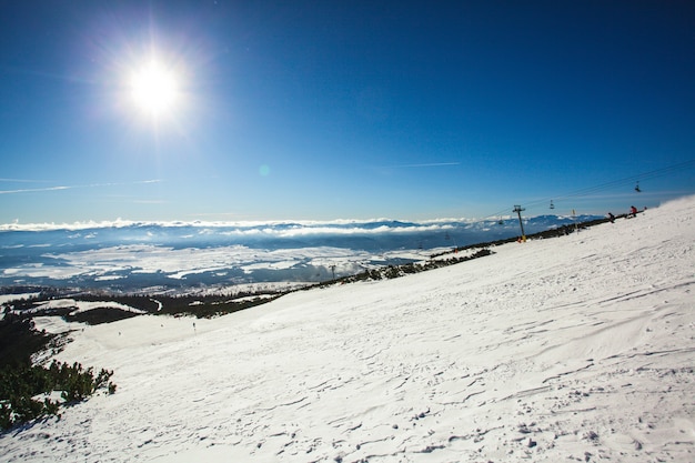 Ski slope in High Tatras mountains. Frosty sunny day