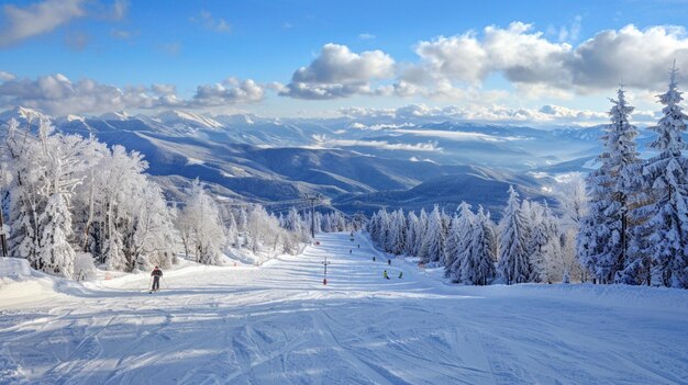 Photo a ski slope with snow covered trees and a blue sky with snow covered mountains in the background