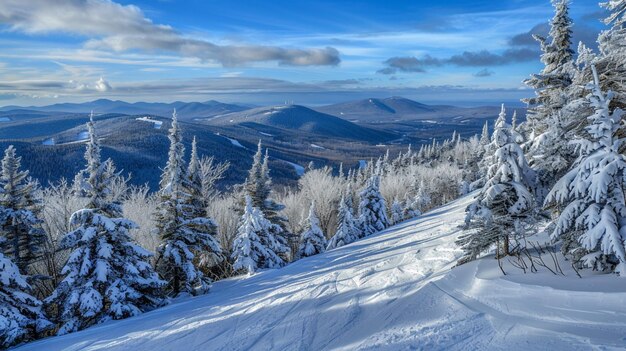 a ski slope with snow covered trees and mountains in the background