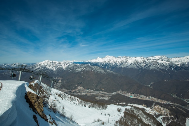 Ski slopes and cableway lifts in Krasnaya Polyana winter mountain resort
