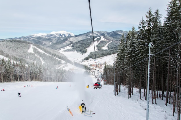 Ski track with chair lift Bukovel resort Carpathian mountains Ukraine