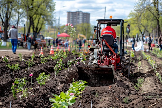 Photo skid steer loader with a tiller attachment preparing garden beds skid steer picture photography