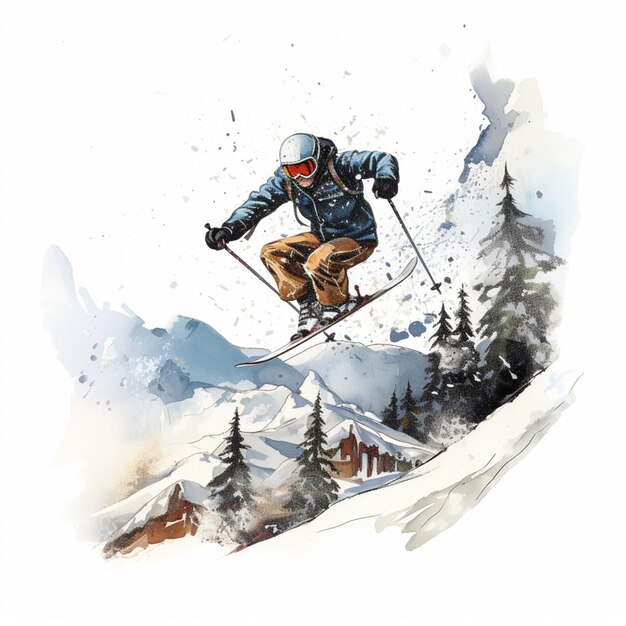 skier in the air with skis and poles in front of a snowy mountain generative ai