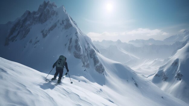 Skier on background of snowcovered mountain in rays of sun quickly descends Active winter vacation