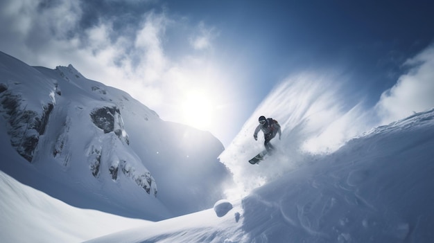 Skier on background of snowcovered mountain in rays of sun quickly descends Active winter vacation